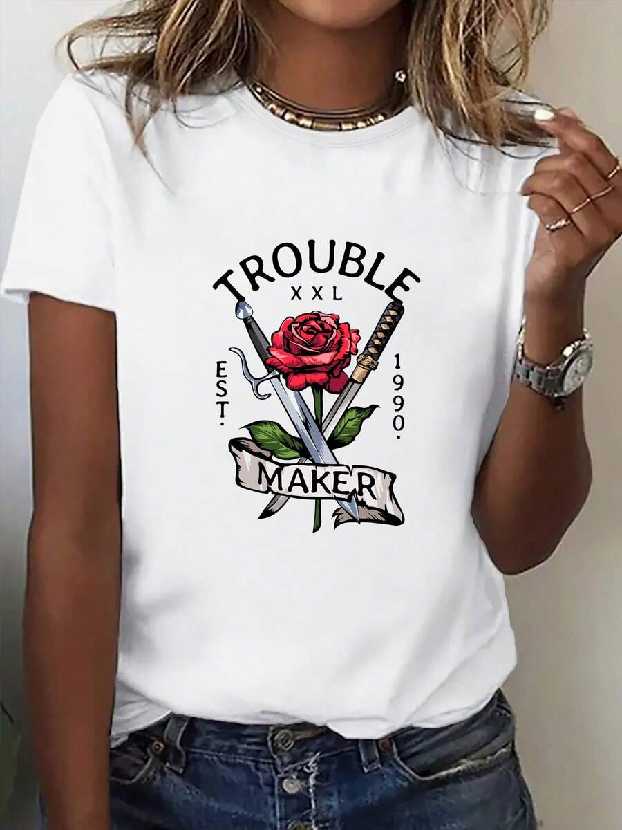 Camiseta de manga corta estamp para mujer, ropa de la serie del D￭a de San Patricio, camiseta de manga corta con cuello redondo para mujer "TROUBLE MAKER" con estampado de rosa y doble cuchillo, estilo cajero retro americano, top personalizado y moderno. Comodidad b£sica de primavera y verano.