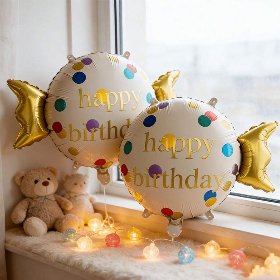 2 quả bóng bay hình chữ "Chúc mừng sinh nhật" - Họa tiết chấm bi nhiều màu sắc và ngôi sao vàng, trang trí sinh nhật, tiệc cưới, phụ kiện chụp ảnh bánh kem. - nhiều màu - Xem 1