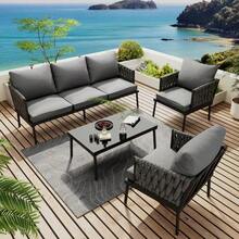Garden Lounger Set, Garden Furniture Set With Comfortable Cushions, 3-Seater Sofa, 2 Armchairs And Coffee Table, For Outdoor Use, Glass Tabletop, Braided Rope Armrests, Galvanized Steel, Grey - Xám - Xem 2