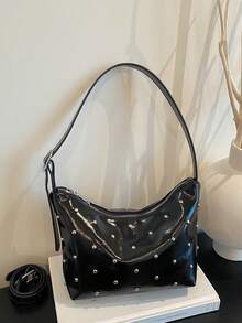 Bolso bandolera de moda BEIKAMU con decoración de remaches, correa de hombro ajustable, cierre con cremallera, versátil, adecuado para universidad, ir al trabajo, compras, paseos, uso diario - Negro - Ver 6