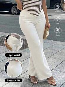 Damen Weiße lässig Gerade Bein Hose, Minimalistisch Slim-Fit Stilvolle Mittlere Taille Büro Hose, Leicht Frühling/Sommer Unterteil. Damen Hoch-Elastisch Hebend Weites Bein Verkürzt Hose, Komfortabler Elastischer Bund, Damen Yoga Fitness Weites Bein Hose - Weiss - Übersicht 1