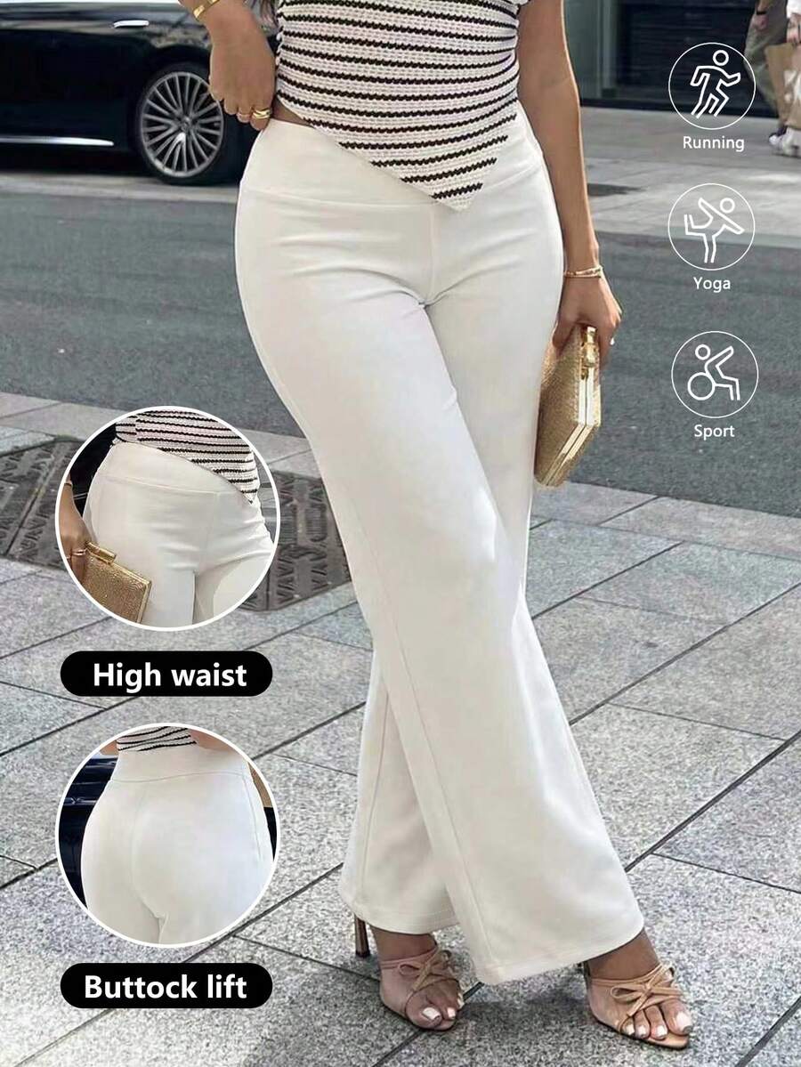Damen Weiße lässig Gerade Bein Hose, Minimalistisch Slim-Fit Stilvolle Mittlere Taille Büro Hose, Leicht Frühling/Sommer Unterteil. Damen Hoch-Elastisch Hebend Weites Bein Verkürzt Hose, Komfortabler Elastischer Bund, Damen Yoga Fitness Weites Bein Hose - Weiss - Übersicht 1