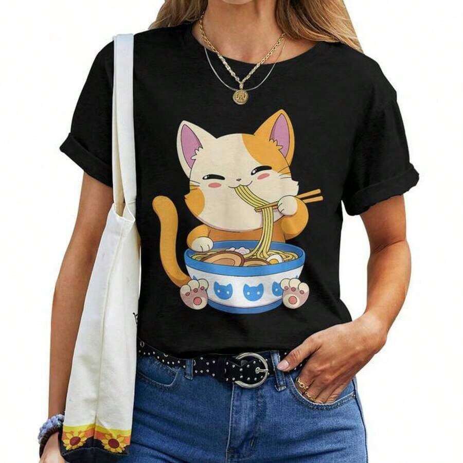 Ropa de Mujer, Camiseta de Mujer, Camiseta de Anime Kawaii de Gato Ramen para Chicas, Camiseta de Mujer Mazezy, Camiseta Vintage de Mamá, Camiseta Casual de Manga Corta con Cuello Redondo y Estampado de Letras Divertidas para Madres, Camisetas Gráficas para Mujeres - Negro - Ver 1