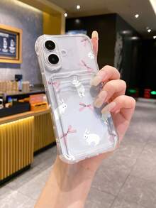 1pc Transparent TPU Hand-Painted Minimalist White Rabbit & Bow Design Shockproof Full Coverage Phone Case, Fashionable, Versatile, Creative, - Multicolor - View 3