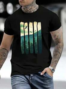 Camiseta con Estampado Gráfico de Bosque para Hombre, Manga Corta Casual, 1 Pieza, 100% Algodón Pesado - Cuello Redondo Cómodo, Camisetas Suaves y Adorables - Negro - Ver 3