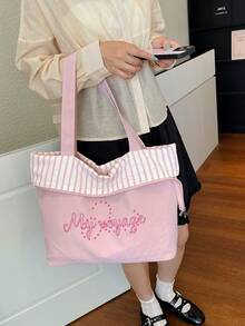 Striped Letter Collegiate Style Women Tote Bag, Casual Large Capacity Student Backpack, Reversible Design For School/Campus - Baby Pink - View 5