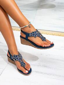 Giày sandal đế xuồng dày dặn mới dành cho nữ - Kiểu dáng retro pha lê với quai thun, phong cách Bohemian, thích hợp cho kỳ nghỉ và du lịch. - Xanh đậm - Xem 5