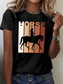 Riding Print T-Shirt, Short Sleeve And Round Neck, Casual Top For Summer And Spring, Women's Clothing With Adorable Animal Print, Fun Letter Print, Matches With Street Fashion, Summer Clothes For Outdoors Or Everyday Wear, Daily Clothes For Sweet Girls Or Students, Cool And Sweat-Free Summer Clothes - 黑色 - 查看 1