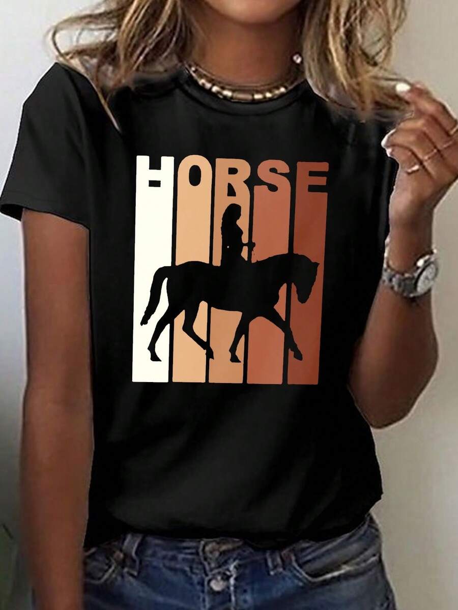 Riding Print T-Shirt, Short Sleeve And Round Neck, Casual Top For Summer And Spring, Women's Clothing With Adorable Animal Print, Fun Letter Print, Matches With Street Fashion, Summer Clothes For Outdoors Or Everyday Wear, Daily Clothes For Sweet Girls Or Students, Cool And Sweat-Free Summer Clothes - 黑色 - 查看 1