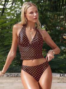 Top ajustado sin mangas con tirantes finos, escote en V y estampado de lunares, un top de bikini de verano a la moda - Multicolor 2 - Ver 4