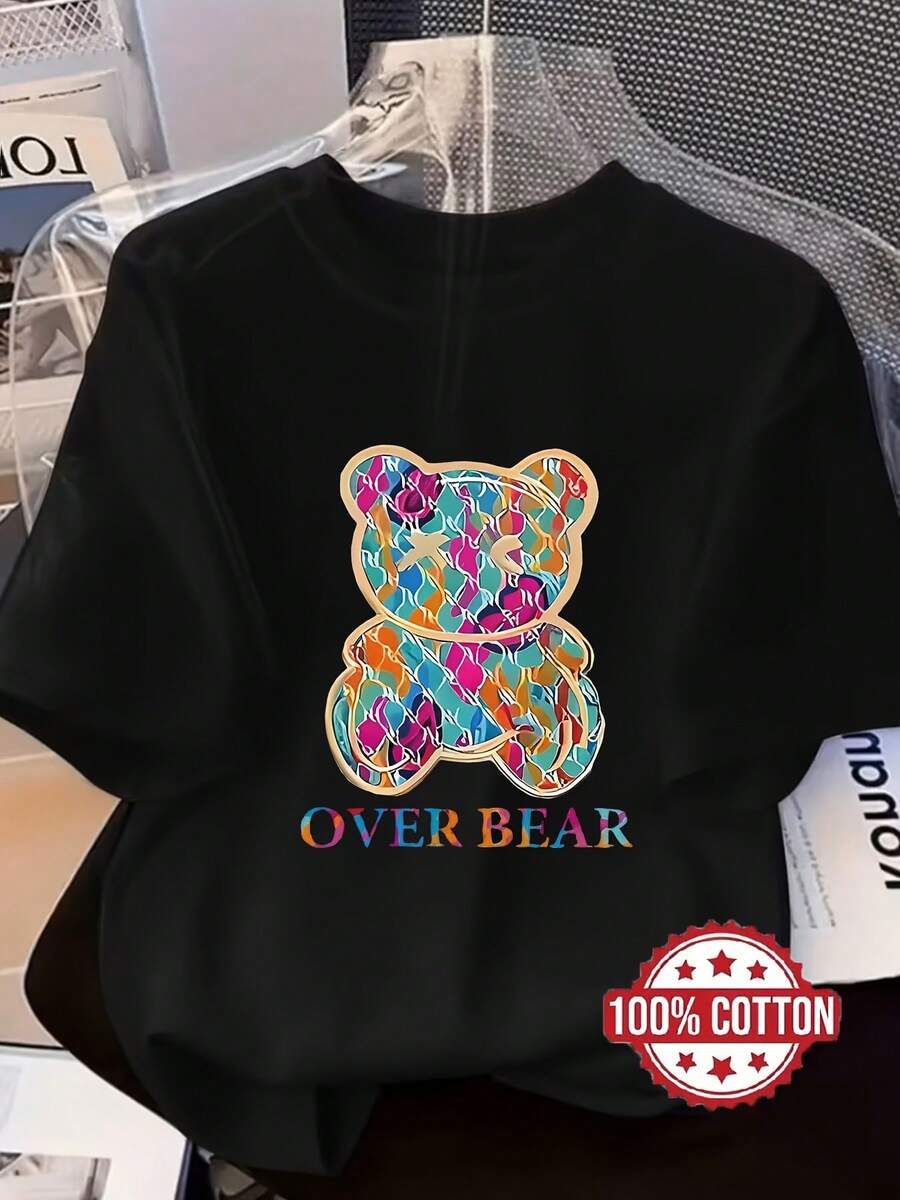 Camiseta de mujer 100% algodón, de corte holgado, con estampado de oso adorable - Manga corta, cuello redondo, ajuste relajado, transpirable, ideal como prenda casual para estar en casa o como capa base para pijama, diseño de cara de oso para usar en todas las estaciones. - Negro - Ver 1