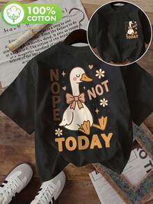 2026 New Casual Round Neck T-Shirt, Summer Staple [Double-Sided Print] Women's Fashion Top, Women's Summer Clothing, Cute Style, Duck, Flower, Bow, NOPE NOT TODAY Print Round Neck Pure Cotton Short Sleeve T-Shirt, Soft Crew Neck Short Sleeve, Daily Wear - Black - View 1