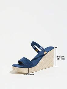 Women's Wedge Thick Bottom Sandals, Woven Straw Rope, Minimalist Strap Two-Way Wear Round Toe High Heel Slides - Blue - View 19