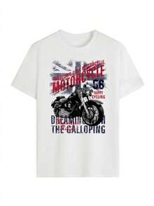 Vintage Motorcycle Graphic Tee, Retro Biker Aesthetic Print T-Shirt, Casual British Flag Short Sleeve, Trendy Biker Vibe Top - Blanco - Ver 2