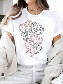 Women's White T-Shirt With Red And Black Dot Heart Graphic, Aesthetic Style Short Sleeve T-Shirt, Modern Love Print Top, Casual Summer Blouse HP01 - 黑色 - 查看 1