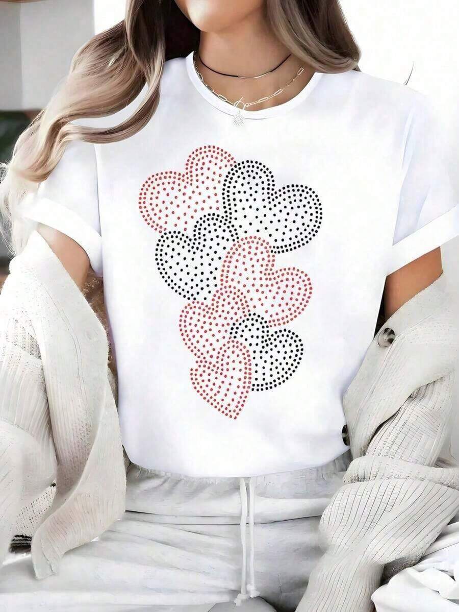 Women's White T-Shirt With Red And Black Dot Heart Graphic, Aesthetic Style Short Sleeve T-Shirt, Modern Love Print Top, Casual Summer Blouse HP01 - 黑色 - 查看 1