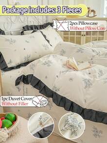 Cream-Colored Girly Ruffled Soft Brushed Floral Duvet Cover 3 Pieces Set (1 Duvet Cover + 2 Pillowcases, Comforter & Pillow Inserts Not Included), Bedding Set, Comfortable Soft Breathable Cozy Versatile, Machine Washable For All Seasons - White and Black - View 2