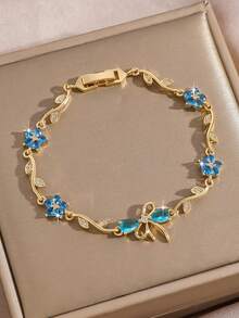 1pc Copper Zirconia Oxidized Decorated Classic Tennis Chain Bracelet, Floral, Leaf, Heart & Geometric Minimalist Multifunctional Design, Niche Luxury Ins-Style Multi-Gemstone Tennis Bracelet, Suitable For Young People To Wear For Party, Daily, Date And Special Occasions As An Eye-Catching Accessory - Gold - View 12