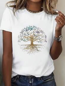 Camiseta casual de talla para mujer con estampado del Árbol de la Vida, cuello redondo y manga corta, cómoda y transpirable para uso diario, camiseta casual espiritual de naturaleza y árbol - Blanco - Ver 5