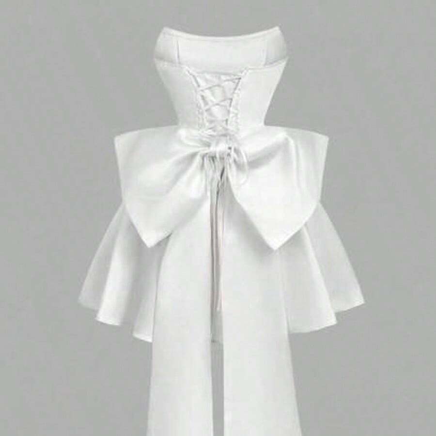 MOD Satin Fitted Bandeau Bow Decor Short Dress, Pink Corset Dress - Blanco - Ver 1