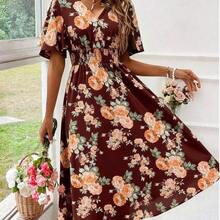 Boho Chic Blue Floral Print Shirred Waist A Line Midi Dress For Women With V Neck And Puff Sleeves - Rojo - Ver 10