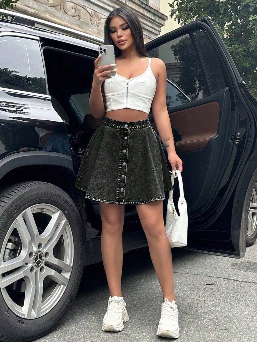 Casual Fashion Elegant Loose A-Line Denim Skirt, Suitable For Summer Music Festival, Vacation, For Women - Gris - Ver 1