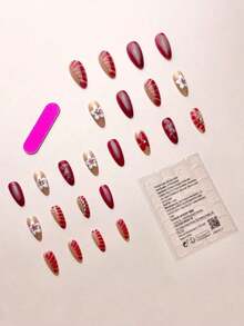 Upgrade Your Look Instantly, 24Pcs/Set Almond Shaped Sweet Floral 3D Water Drop Pattern Full Cover Press-On Fake Nails 1Pc Jelly Gel & 1Pc Nail File Set, Add A Romantic Touch For A Sweet Look, Suitable For Daily Dates Nail Supplies Nails - 彩色 - 查看 3