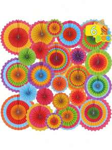 Conjunto de 6 peças de decoração colorida para festas temáticas, incluindo leques de papel para pendurar, com tema mexicano. Inclui discos de papel coloridos para pendurar, leques vibrantes com inspiração no sudoeste americano e muito mais. Ideal para festas mexicanas, cabines de fotos de carnaval, festas na piscina, casamentos de verão e decoração de ambientes. Perfeito para carnaval, formaturas, volta às aulas, Halloween, Dia de Ação de Graças e aniversários. - A - Ver 3