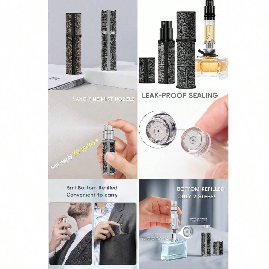 Perfume Bottle 5ml, Ancient Print Leather Refillable Dispenser Bottom Fill Fragrance Scent Container, Portable And Leak-Proof Suitable Traveling Outgoing, AG00CQ (Egypt Print) - Họa tiết Ai Cập màu đen - Xem 1