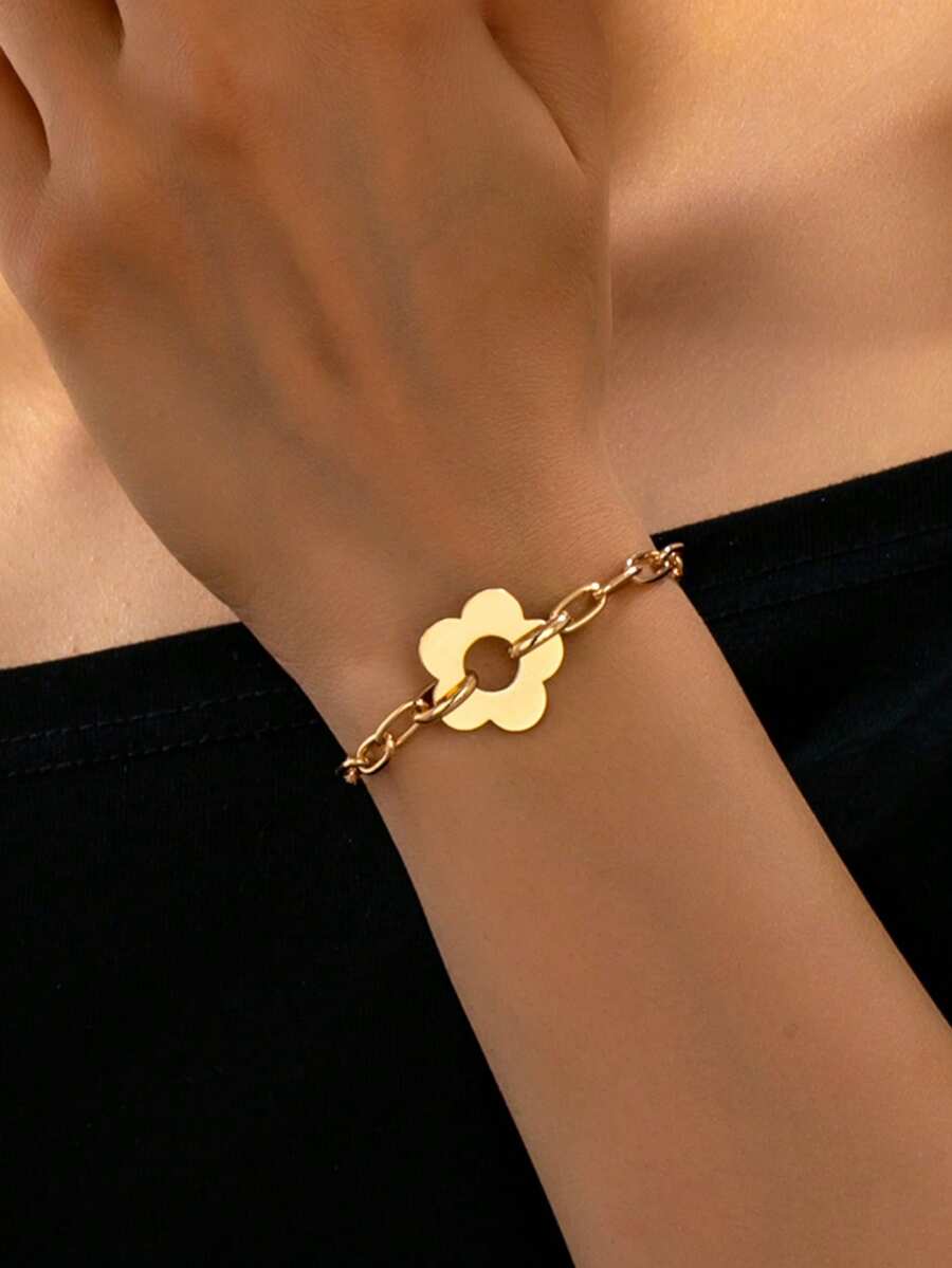 1 chiếc vòng tay kim loại tối giản hình hoa năm cánh dành cho nữ, phụ kiện độc đáo, cá tính, đơn giản, thời trang, thanh lịch, đa năng dùng hàng ngày. - Vàng - Xem 1