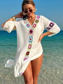 Swim Lushoire Vestido/Cubrecuerpo casual y holgado con estampado floral de ganchillo y cuello en V, manga 3/4, abertura lateral, color aleatorio, para mujer - Blanco - Ver 6