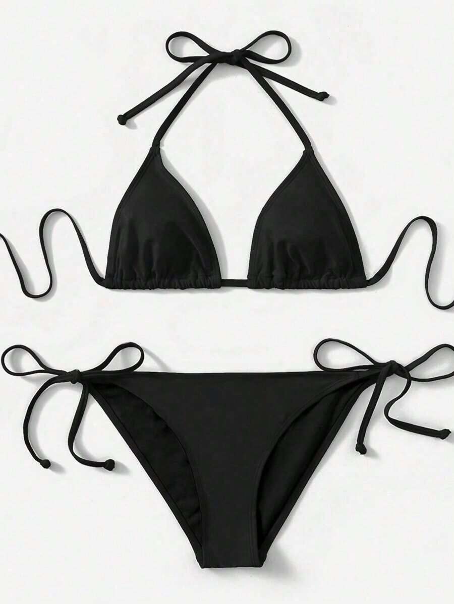 Women's Simple Solid Color Swim Bikini With A Halter Neck And Cutout, Suitable For Beach Vacations And Summer. - Black - View 1