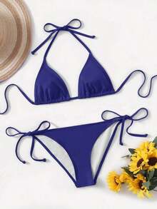 Women's Simple Solid Color Swim Bikini With A Halter Neck And Cutout, Suitable For Beach Vacations And Summer. - Navy Blue - View 5