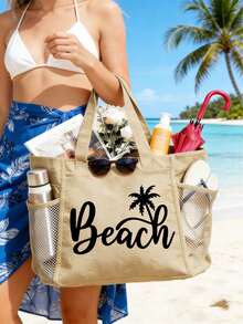 海灘主題帆布托特包，女款大容量夏季海灘包，印有「BEACH」字母藝術圖案，附拉鍊口袋，輕量耐用可重複使用，附內袋與網袋，適合海灘度假、旅行、野餐、上學及其他日常使用 - 彩色 - 查看 4