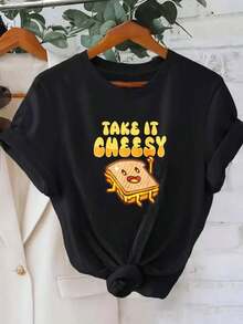 Mujer Camiseta de Manga Corta con Estampado Divertido de Queso y Pan Tostado Take It Cheesy Diseño Kawaii para Mujeres Ropa Casual de Verano Ideal para el Día a Día y Regalos para Amantes de la Comida - Negro - Ver 1