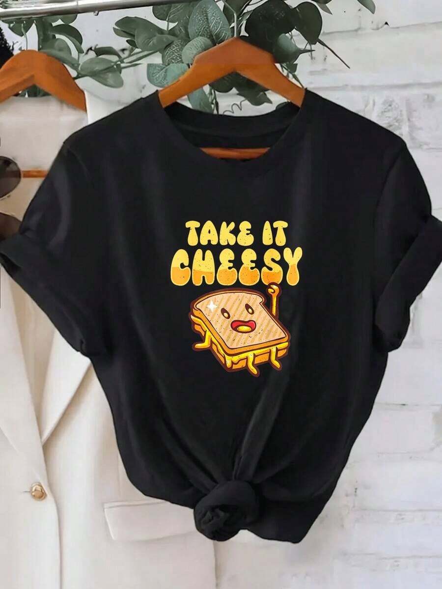 Mujer Camiseta de Manga Corta con Estampado Divertido de Queso y Pan Tostado Take It Cheesy Diseño Kawaii para Mujeres Ropa Casual de Verano Ideal para el Día a Día y Regalos para Amantes de la Comida - Negro - Ver 1