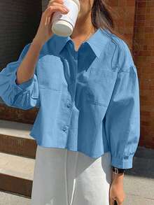 Camisa de manga larga holgada con botones delanteros y bolsillo en unicolor para mujer - Azul - Ver 4