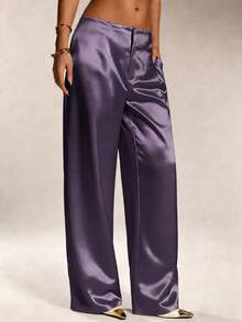 Pantalones de satén y seda de unicolor para mujer con bolsillos y cremallera, adecuados para vacaciones, oficina, brunch, atuendo de aeropuerto, todo el año Blanco Primavera - Morado - Ver 4