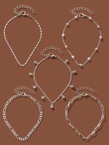 5pcs Fashionable Minimalist Copper Inlaid Crystal Faux Pearl Geometric Round Pendant Anklet, Suitable For Women's Beach, Party Wear, Holiday & Birthday Gift (Random Quantity) - Silver - View 3