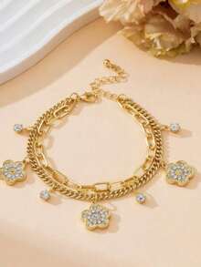 Vintage Chic Versatile Casual Creative Multi-Layer Hong Kong Style Geometric Five-Leaf Flower Tassel Anklet - Yellow Gold - View 4