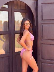 Bộ bikini 2 mảnh màu hồng in họa tiết quả anh đào, đồ bơi thanh lịch đính ngọc trai. - Nhiều màu - Xem 5
