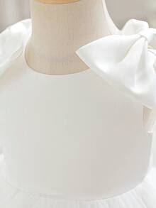 Baby Girls Sleeveless Back Bow Mesh Satin Elegant Flower Girl Dress For Party, Headband Not Included - White - View 8