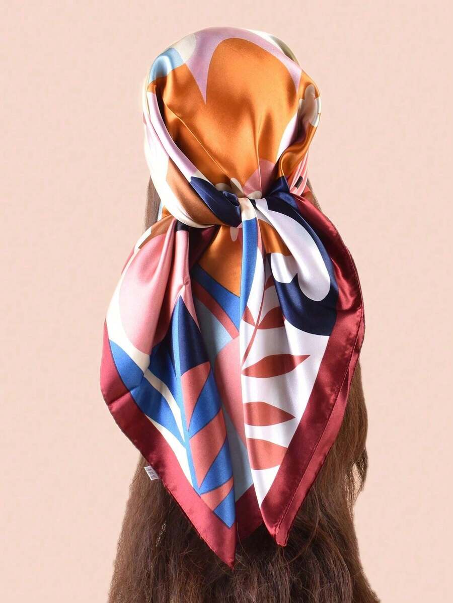 1条90厘米时尚印花女士方巾，休闲防晒头巾披肩 - 酒紅 - 查看 1