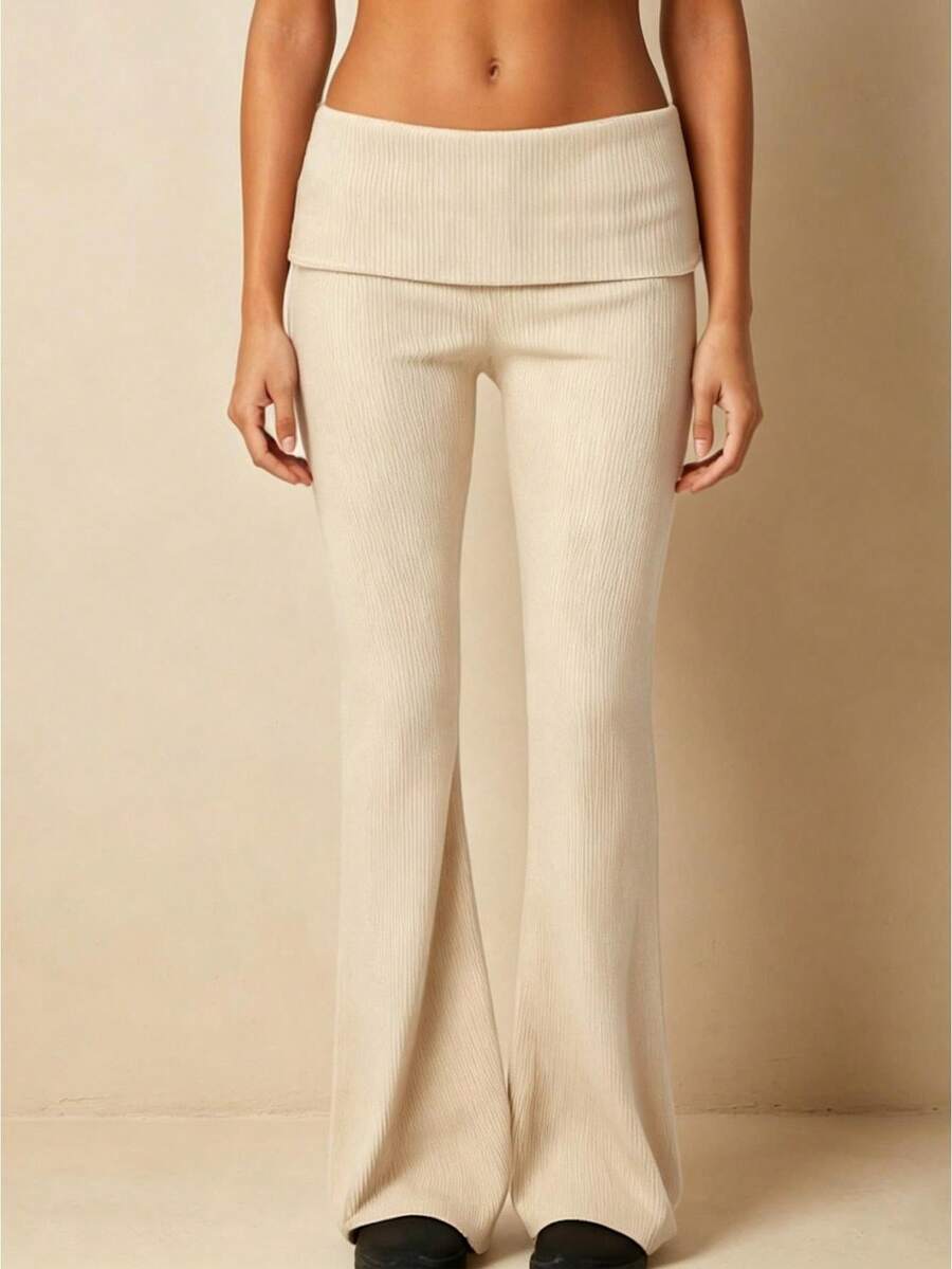Women's Flared Pants Stylish Solid Color Ribbed Fold-down Waist Design Casual Slim Fit Bell Bottoms - Champán - Ver 1