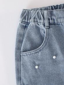 1 buah Celana Capri Denim Biru Muda Berhiaskan Rivet Gaya Jalanan untuk Remaja Putri, Musim Semi/Panas - Light Wash - View 5