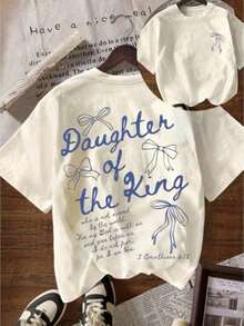 Women's Oversized T-Shirt With Double-Sided "Daughter Of The King" Print, 100% Pure Cotton, Super Soft And Comfortable Fabric For Summer, Suitable For Fashionable Outfits On Leisure Days, Versatile Casual Wear For Daily Life And Holidays. - 杏色 - 查看 6