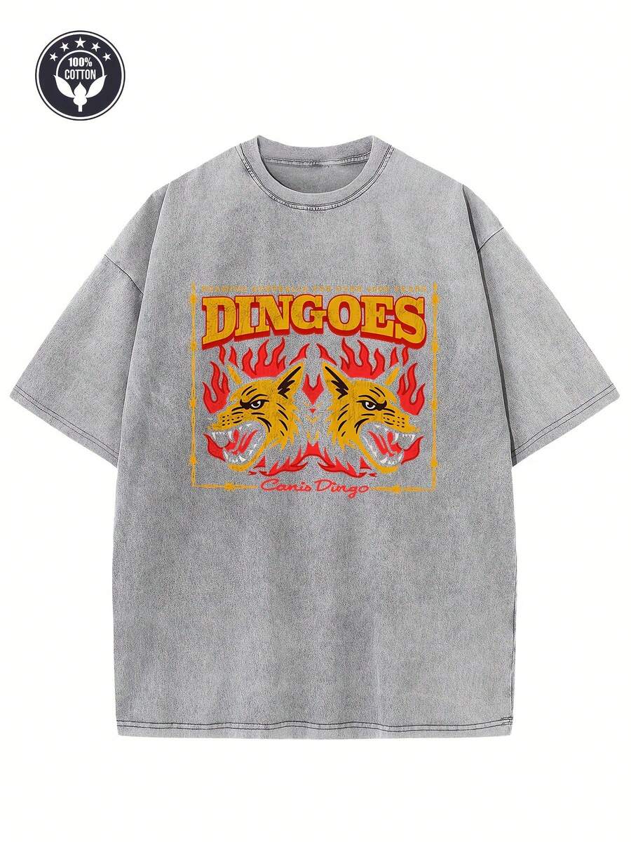 Camiseta de Mujer y Hombre de 250 g/m² con Lavado Vintage - Estampado Gráfico de es Inspirado en el Outback Australiano, Corte Holgado con Hombros Caídos, Ropa Urbana Retro Unisex con Estampado de Canguro y es, Ideal para Uso Casual y Festivales (Lavable a Máquina) - Comodidad para Todas las Temporadas, Cuello Redondo, Manga Corta, Textura Lavada Desgastada, Diseño Atrevido de y Llama, Corte Relajado para Conciertos y Fiestas, Camiseta Unisex, Camisetas para Mujer, Camiseta para Hombre de Alta Calidad - Gris Claro - Ver 1