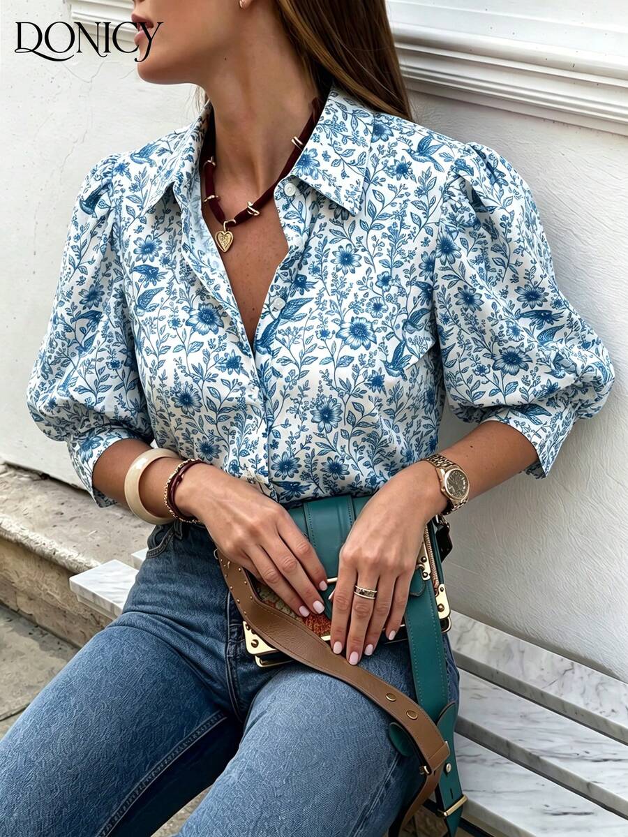DONICY Blusa feminina azul de manga média com gola e mangas bufantes, modelagem solta, estilo retrô, ideal para primavera, verão e outono. Perfeita para o dia a dia, encontros, trabalho, escritório e momentos de lazer. - Azul - Ver 1