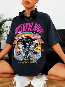 Camiseta Oversize para Mujer con Estampado de Calavera, Cuello Redondo, Manga Corta, Diseño Hip Hop Casual, Ideal para Verano - Negro - Ver 9