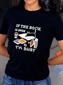 Camiseta casual de mujer con estampado de gato leyendo Camiseta informal holgada para mujer con estampado de gatos leyendo Camisetas de Mujer - Negro - Ver 6